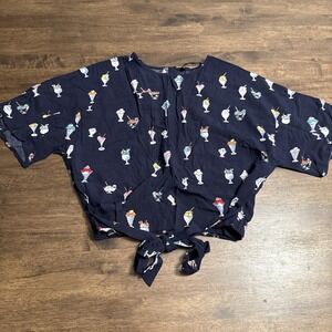 Zara Basic Top Womens S Blue Ice cream Novelty Cropped‎ Tie Front Short Sleeve